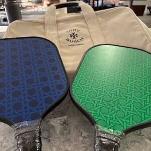 Tory Burch Tan Duffel Bag with Blue and Green Accents